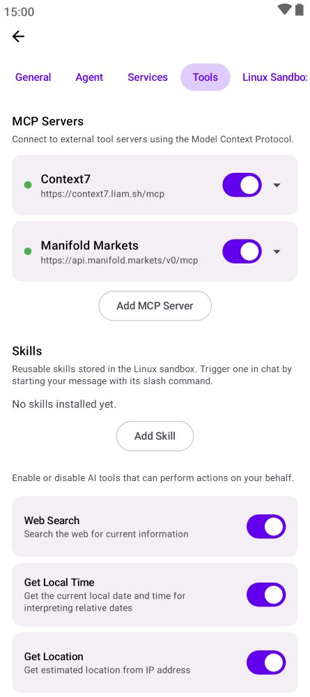 工具设置页里的 MCP 服务器区块